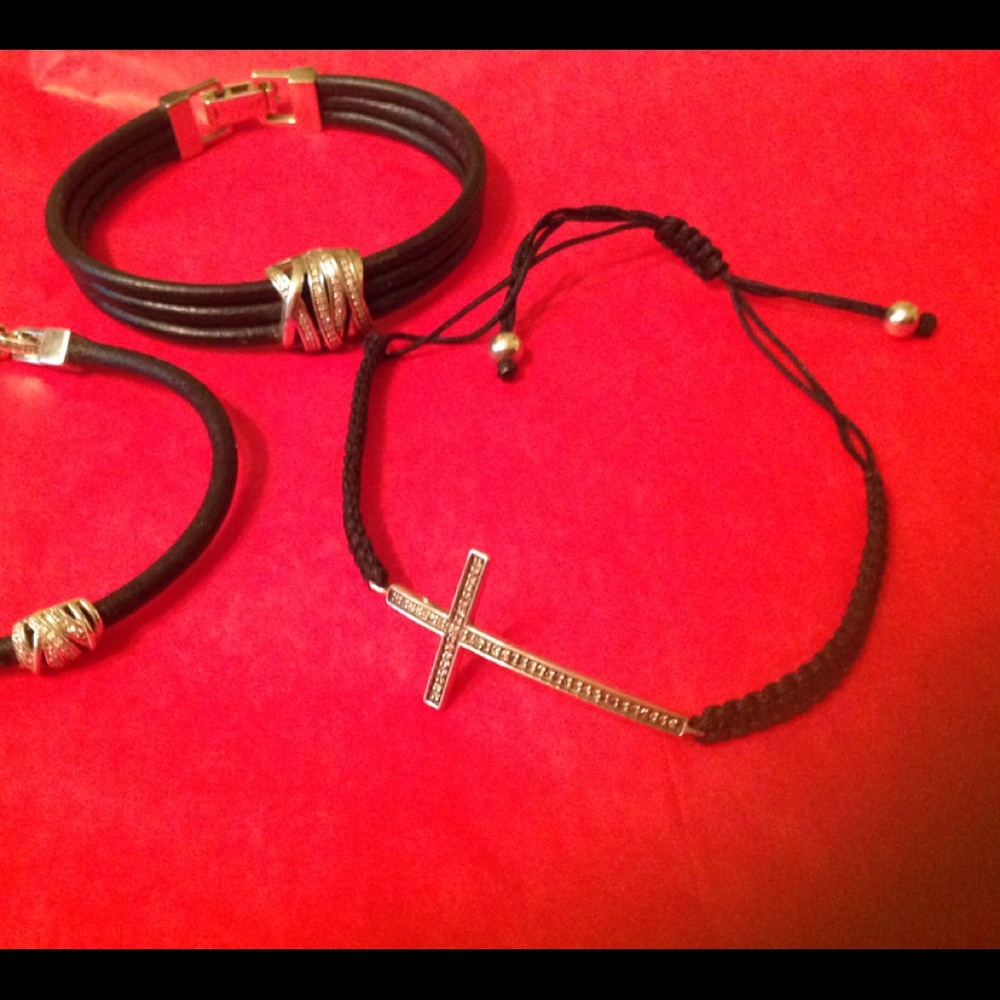 2 black leather and 1 cord SS/diamond bracelets